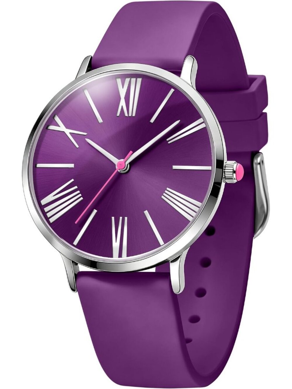 Women's Purple Roman Numeral Easy to Read Analog Waterproof Silicone Strap Watch